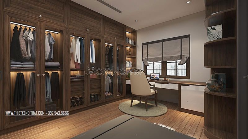 Mẫu tủ quần áo gỗ tự nhiên được thiết kế sát trần sang trọng kết hợp cửa kính